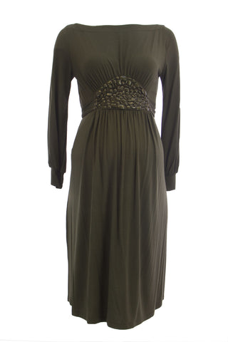 OLIAN Maternity Women's Olive Green Jeweled Waist Boat Neck Dress $148 NWT