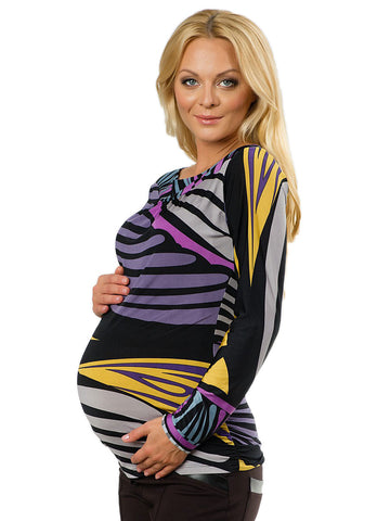 OLIAN Maternity Women's Black Purple Abstract Print Long Sleeve Tunic XS $98 NWT