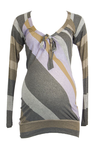 OLIAN Maternity Women's Grey Pastel Stripe Long Raglan Sleeve Tunic XS $98 NWT