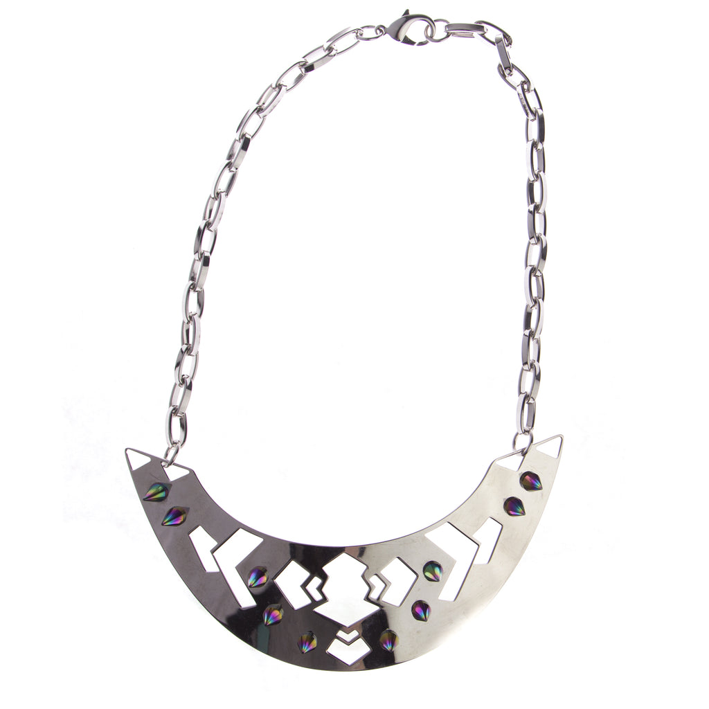 JOOMI LIM Modern Tribe Silver Cut-out Bib Necklace w/ Rainbow Spikes $342 NEW