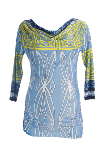 OLIAN Maternity Women's Cold Blue Abstract Print Cowl Neck Tunic Top $115 NWT