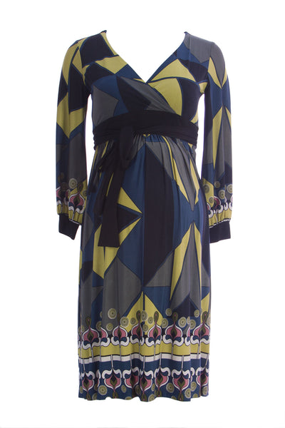 OLIAN Maternity Women's Green Abstract Print Faux Wrap Waist Tie Dress $148 NWT