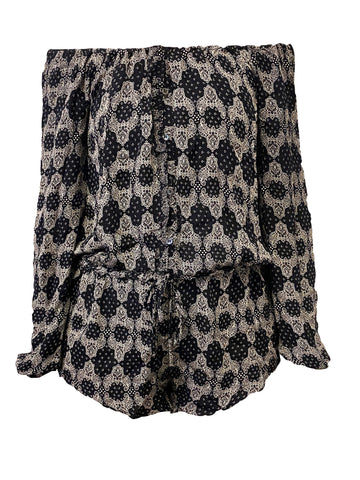 LOVESHACKFANCY Women's Black Bandana Print Off-The-Shoulder Romper $315 NEW