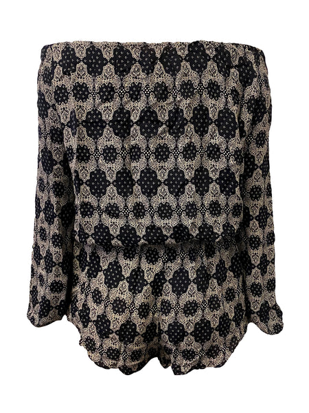 LOVESHACKFANCY Women's Black Bandana Print Off-The-Shoulder Romper $315 NEW