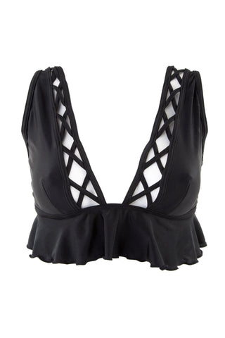 PEEK & BEAU Women's Black Lattice Ruffle Bikini Top NWT