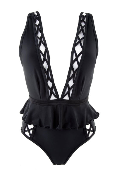 PEEK & BEAU Women's Black Lattice One Piece Swimsuit NWT