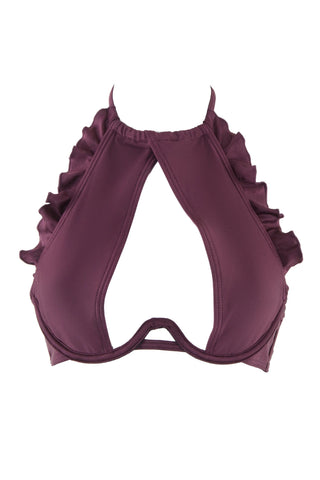 PEEK & BEAU Women's Wine High Shine Ruffle Frill Bikini Top NWT