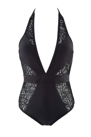 PEEK & BEAU Women's Black Lace Cutout Low Cut One Piece  Swimsuit NWT