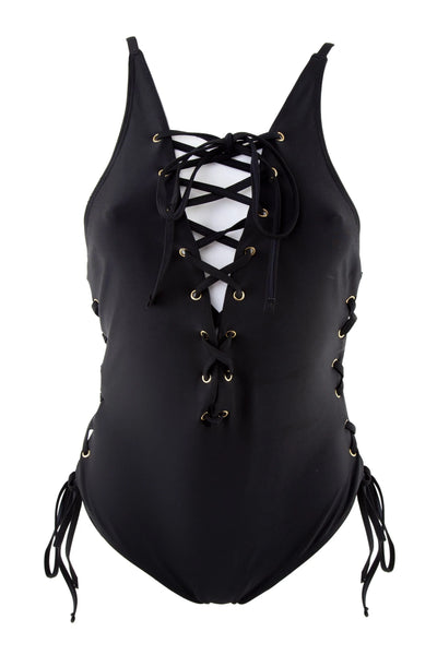 PEEK & BEAU Women's Black Lace Up One Piece Swimsuit NWT