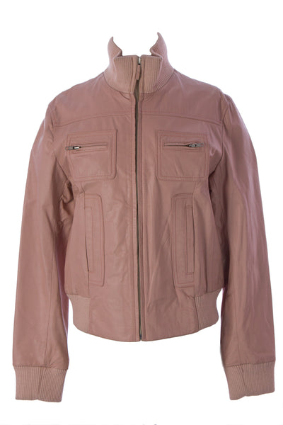 LUCIANO ABITBOUL Women's Pink Funnel Collar Leather Moto Jacket Sz L $599 NEW