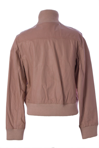 LUCIANO ABITBOUL Women's Pink Funnel Collar Leather Moto Jacket Sz L $599 NEW