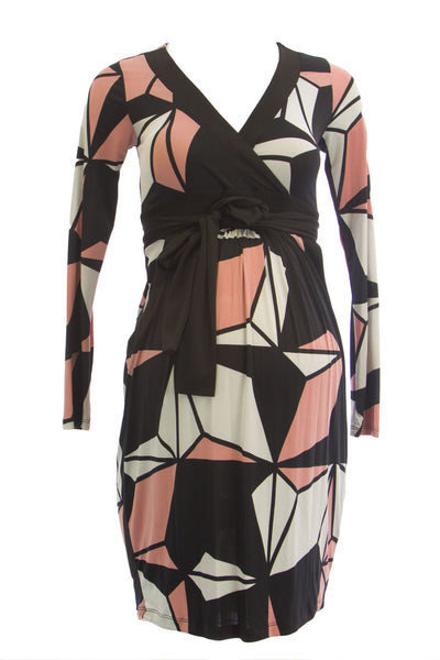 OLIAN Maternity Women's Pink Geometric Print Surplice Neck Dress $138 NWT