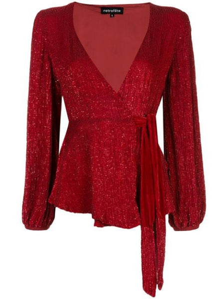 RETROFETE Women's Scarlet Red Sequin Wrap Bette Top $540 NWT