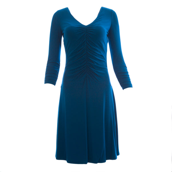 NUE by Shani Women's Peacock Blue V-Neck Ruched Dress S257 $250 NWT