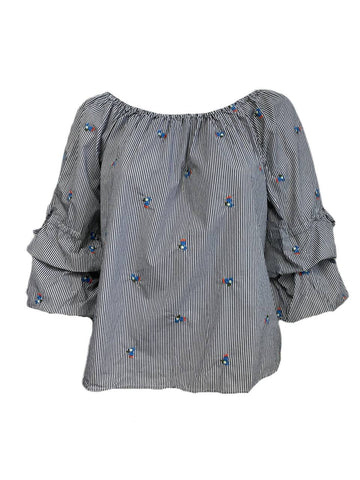 Sanctuary Women's Blue Stripe Embroidered Blouse Size 2X NWT
