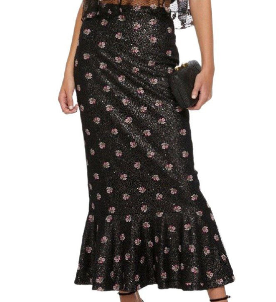 SALONI Women's Black Aidan Embroidered Flower Maxi Sequin Skirt #2163 4 NWT