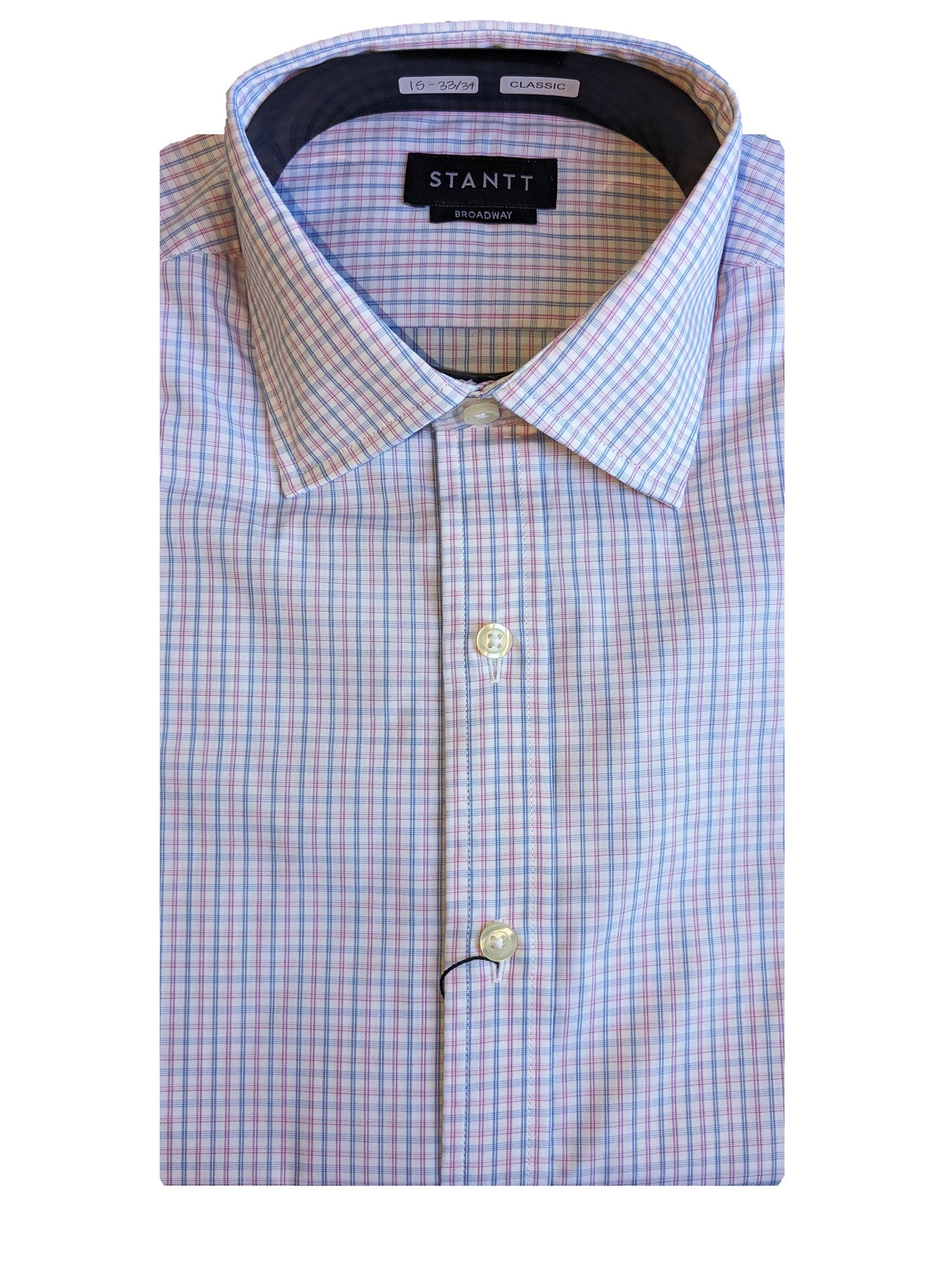 STANT Men's Blue and Pink Tattersall Mod Spread Shirt Broadway Fit 15-33/34 STANT Men's Blue and Pink Tattersall Mod Spread Shirt Broadway Fit 15-33/34