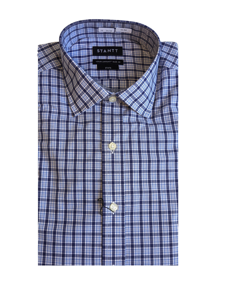 STANTT Men's Wrinkle Resistant Navy Check Mod Spread Shirt State Fit 16-35/36