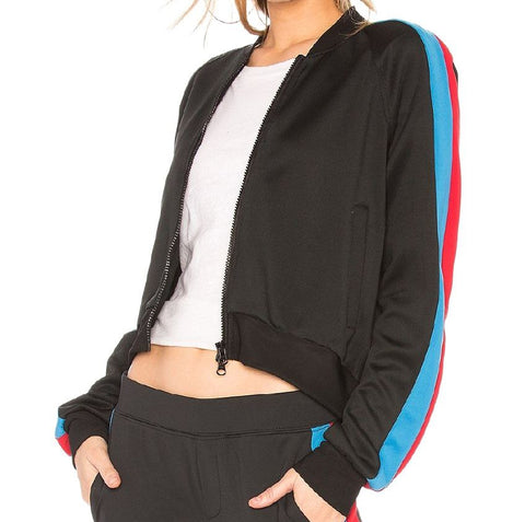 PAM & GELA Women's Black Crop Track Stripe Jacket #55131698 NWT