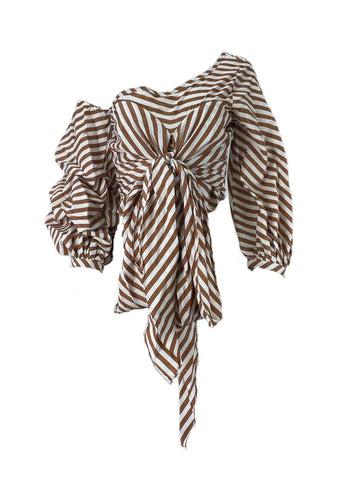 StyleKeepers Women's Striped Brown Neiman Marcus One Shoulder Top NWT