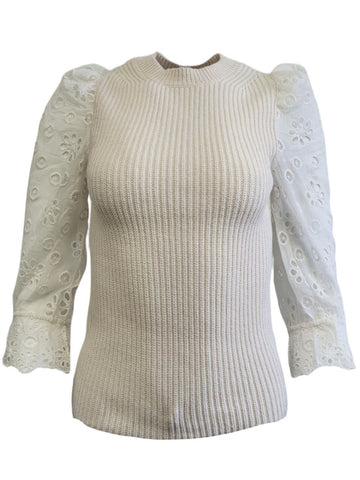 REBECCA TAYLOR Women's White Vanilla Eyelet Sleeve Sweater #919806 NWT