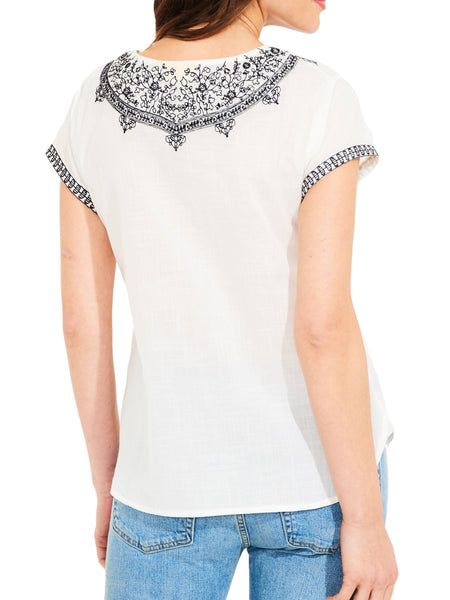 ROBERTA ROLLER RABBIT Women's Ecru/Black Tanu Emb Top $125 NEW