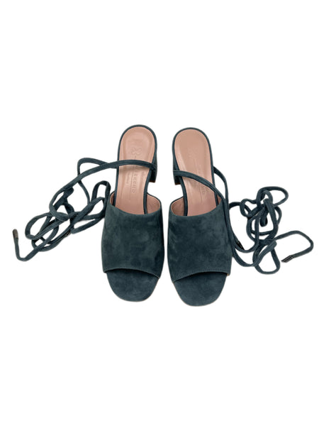 Max Mara Women's Azzurro Utopico Suede Block Heel Wrap Sandals  NWB