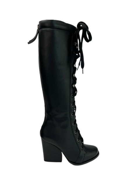 Max Mara Women's Nero Vkansas Leather Platform Heel Lace Up Knee Boots Sz 7 NWB