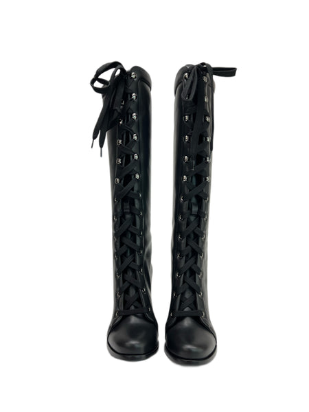 Max Mara Women's Nero Vkansas Leather Platform Heel Lace Up Knee Boots Sz 7 NWB