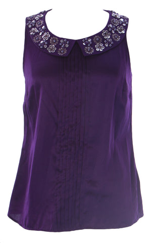 BODEN Women's Dark Purple Embellished Collar Top WA320 US Sz 2 $85 NWOT