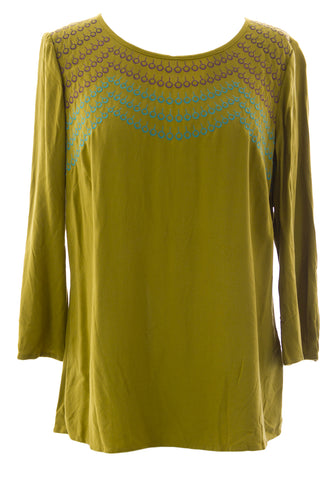 BODEN Women's Olive Fancy Embroidered Top WA532 US Sz 8 $118 NWOT