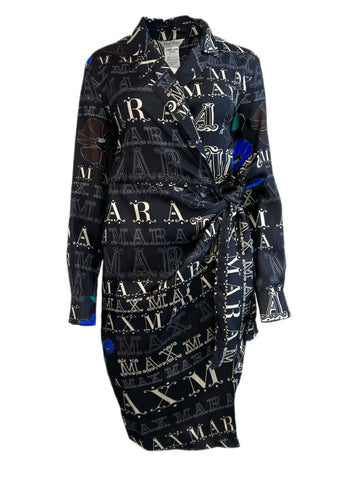 Max Mara Women's Navy Zac Logo Printed Silk Wrap Dress Size 12 NWT