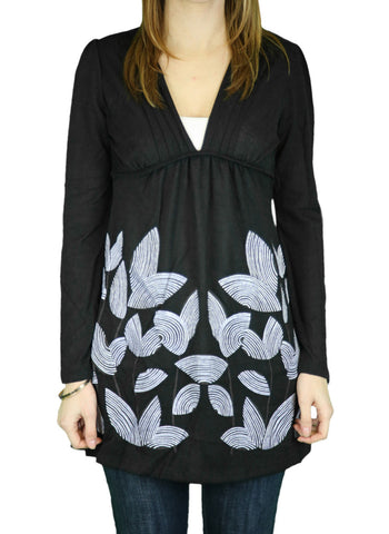 ANAMA Women's Black Geometric Flower Knit Baby Doll Tunic Sweater T43790 $88 NEW