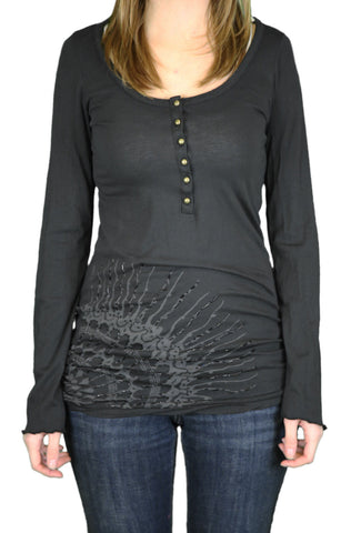 ANAMA Women's Black Graphic Beaded Long Sleeve Henley Top  W10-006 $66 NEW