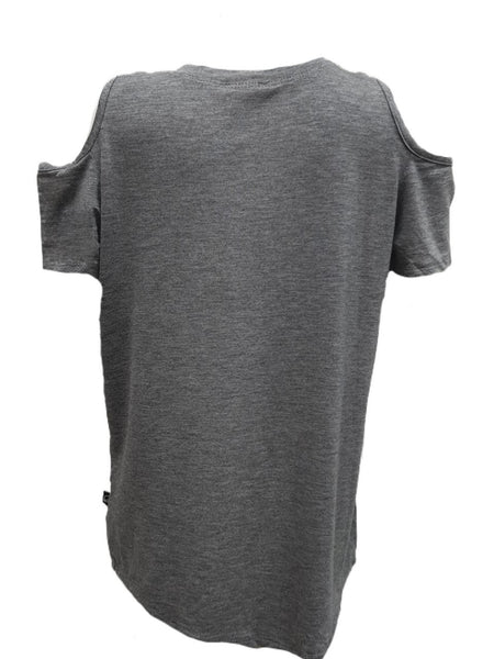 TEREZ Girl's Grey Cold Shoulder T-Shirt #436018026 Large NWT