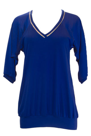 Atina Cristina Womens Sapphire 3/4 Raglan Sleeve V-Neck Contrast Top XS $117 NWT