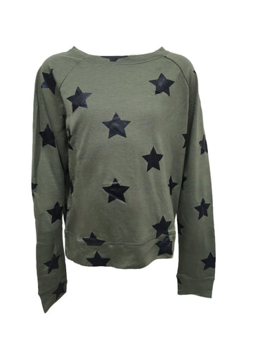 TEREZ Girl's Green Star Foil On Army Sweatshirt #12738281 NWT