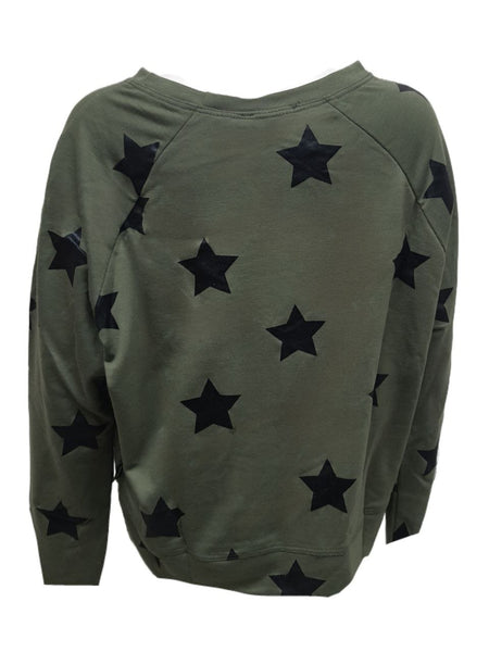 TEREZ Girl's Green Star Foil On Army Sweatshirt #12738281 NWT