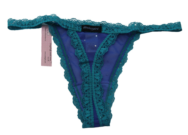 UNDERGIRL Women's Blue / Teal Sheer Rhinestone Lace Thong Panties Sz S NWT