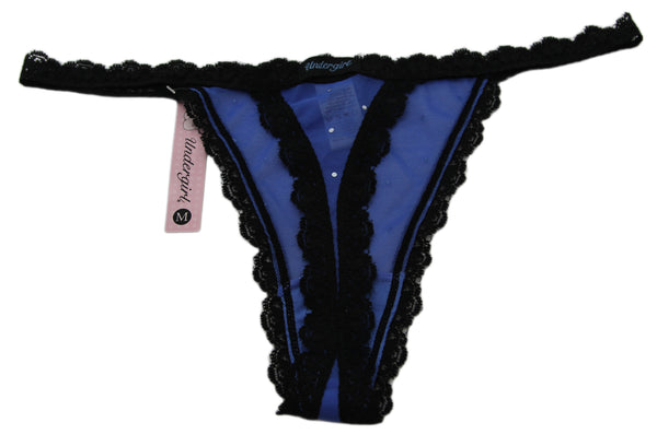 UNDERGIRL Women's Blue / Black Sheer Rhinestone Lace Thong Panties Sz L NWT