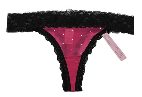 UNDERGIRL Women's Pink / Black Sheer Rhinestone Thick Lace Thong Panties Sz M