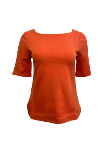 ELIZABETH MCKAY Orange Short Sleeve Button Sleeve Chris-Tee 7014 $110 NWT