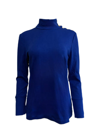 ELIZABETH MCKAY Blue Button Embellished Riley Turtleneck 7073 $215 NWT