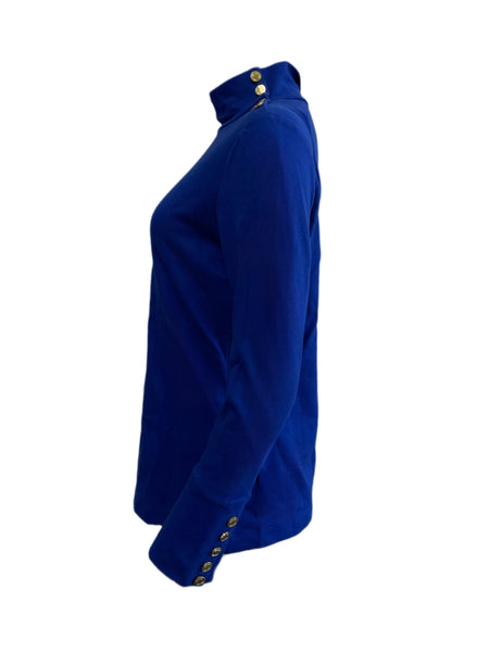 ELIZABETH MCKAY Blue Button Embellished Riley Turtleneck 7073 $215 NWT