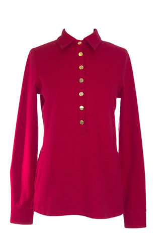ELIZABETH MCKAY Red Long Sleeve Cotton Blend Joanne Polo Shirt 7071 $135 NWT