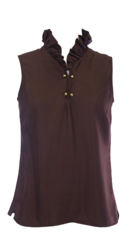 ELIZABETH MCKAY Chocolate Sleeveless Ruffled Neck Mckay Blouse 4058 $195 NWT