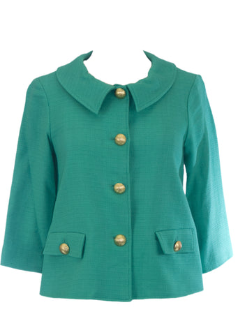 ELIZABETH MCKAY Aqua Cropped Sleeve Flat Collar Rose Jacket 6061 $275 NWT