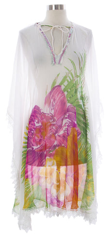 NAILA Women's Floral White Kaftan With Crochet JANA $130 NEW
