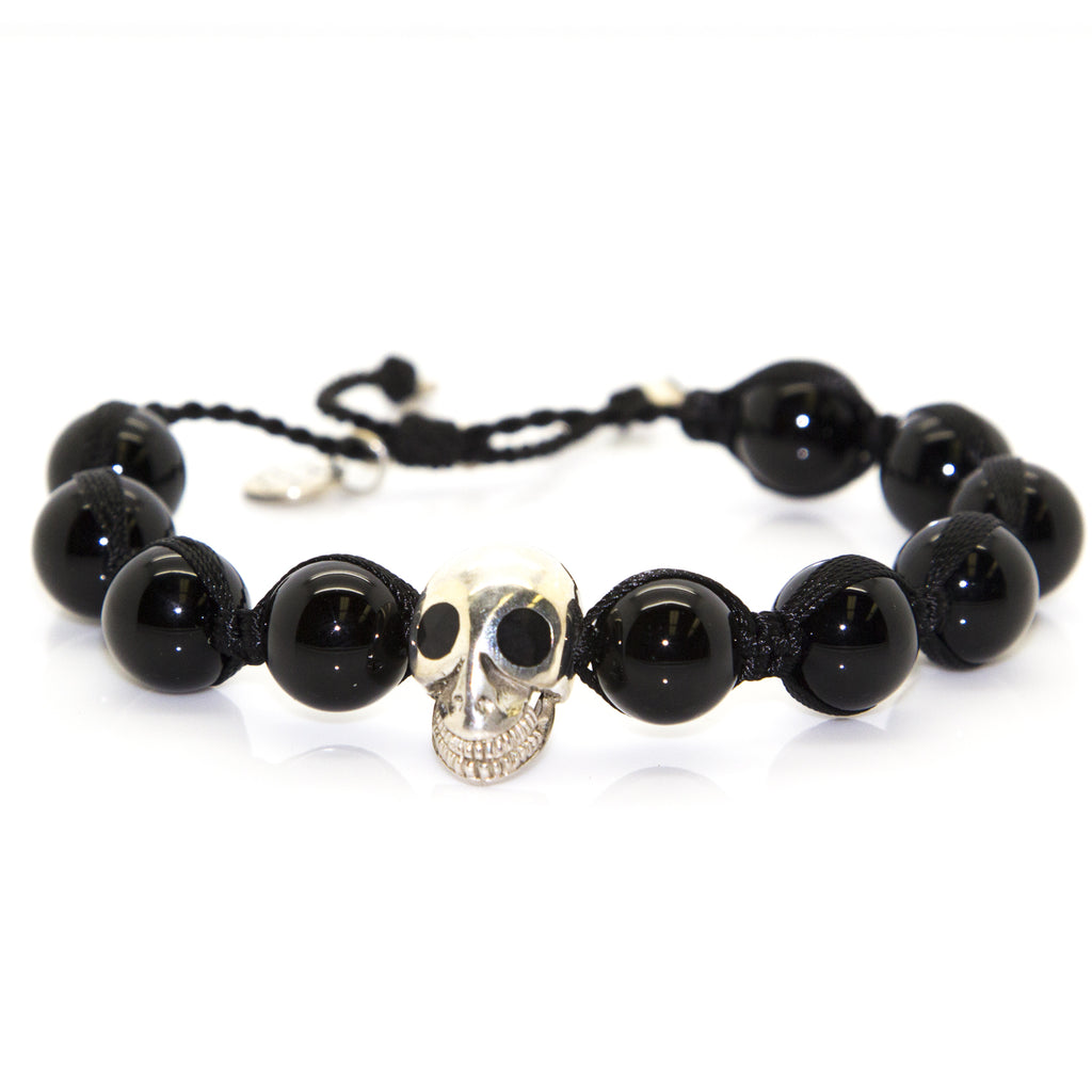 KRISS & JULES Black Quartz & Silver Skull Shamballa Bracelet C0912 $190 NEW