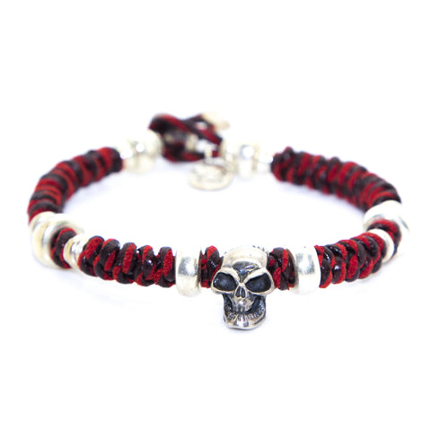 KRISS & JULES Red Thread Silver Skull Mokuba Bracelet C0931 $155 NEW